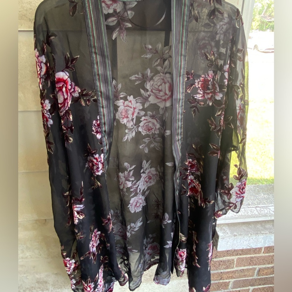 Floral Embroidered Kimono with Pink Rose Motif